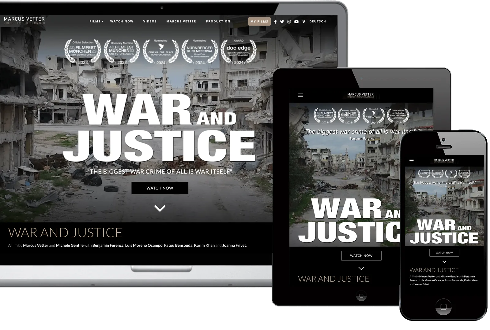 Film website War and Justice on laptop, tablet and smartphone